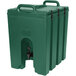 A green plastic Cambro Camtainer with a tap and two handles.