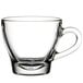 A clear glass Libbey cappuccino cup with a handle.