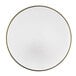 A white round Charge It by Jay glass charger plate with a gold rim.