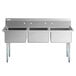 A Regency stainless steel three compartment sink with galvanized steel legs.
