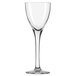 A clear wine glass with a long stem.