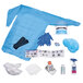 A blue Purell body fluid spill kit with gloves, gown, and other items.