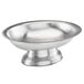 A Focus Hospitality pewter stainless pedestal soap dish with a round base.
