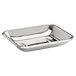 A polished stainless steel rectangular soap dish with a handle.
