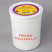 A white container of fresh mozzarella with a purple and yellow label.