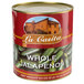 A #10 can of La Casa whole jalapenos in tomato sauce with a label.