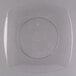 A clear square plastic plate with a clear circle.