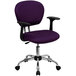 A purple office chair with chrome base and black arms.