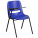 A blue Flash Furniture classroom chair with a black tablet arm.