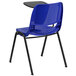 A blue plastic school chair with a black desk.