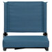 A blue rectangular chair cushion with black edges.