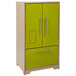 A green and tan wooden cabinet with two doors and a refrigerator.
