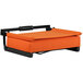 A Flash Furniture Grandstand orange cushioned seat on a black frame.