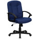 A blue office chair with black arms.