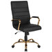 A Flash Furniture black leather swivel office chair with gold arms.