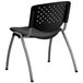 A Flash Furniture black plastic stack chair with a silver metal frame.