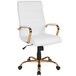 A Flash Furniture white leather office chair with gold arms and base.
