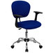 A Flash Furniture blue mesh office chair with black armrests and a chrome base.