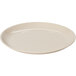 A white round melamine dinner plate with a small rim.