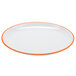 A white melamine round coupe dinner plate with a tangerine orange rim.