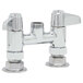 A silver Equip by T&S deck mount faucet base with two handles and screws.
