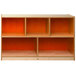A Whitney Brothers wooden children's cabinet with six shelves and orange back panels.