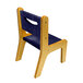 A wooden children's chair with a blue seat and back.