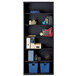 A black Hirsh steel bookcase with blue and black rectangular objects on the shelves.