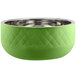 A lime green Bon Chef bowl with a diamond pattern and a silver rim.