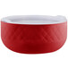 A red Bon Chef bowl with a white lid.