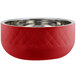 A red Bon Chef serving bowl with a silver rim.
