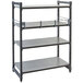 A grey metal Cambro Camshelving Elements shelf with three quarter shelves.