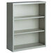 A light gray metal Hirsh 3-shelf bookcase.