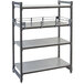 A grey Cambro metal shelf rail kit for a Camshelving unit with three shelves.