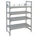A grey metal shelf rail kit for a Cambro Camshelving® unit with four shelves.