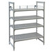 A grey metal shelf rail for a Cambro Camshelving unit with four shelves.