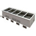 A white rectangular Vollrath drop-in hot food well with five grey rectangular metal containers inside.