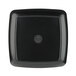A black square Elite Global Solutions melamine bowl with a white interior and a silver circle on the inside.