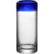 A clear Acopa shooter glass with a blue rim.