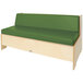 A green cushioned bench with a wooden base.