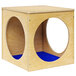A whitney Brothers wooden cube playhouse with blue carpet inside.