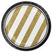 A black paper plate with gold stripes.