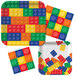 A white plastic tablecloth with colorful blocks on it.