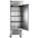 A Beverage-Air stainless steel reach-in refrigerator with a door open.