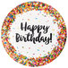 A white paper plate with sprinkles and the words "Happy Birthday" on it.