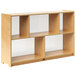 A wooden storage cabinet with clear shelves.
