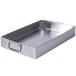 A silver rectangular stainless steel tray with handles.