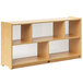 A Whitney Brothers wooden storage cabinet with clear shelves.