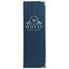 A blue leather rectangular menu cover with silver rectangular accents.