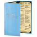 A blue Menu Solutions Slim Line menu cover with black text.